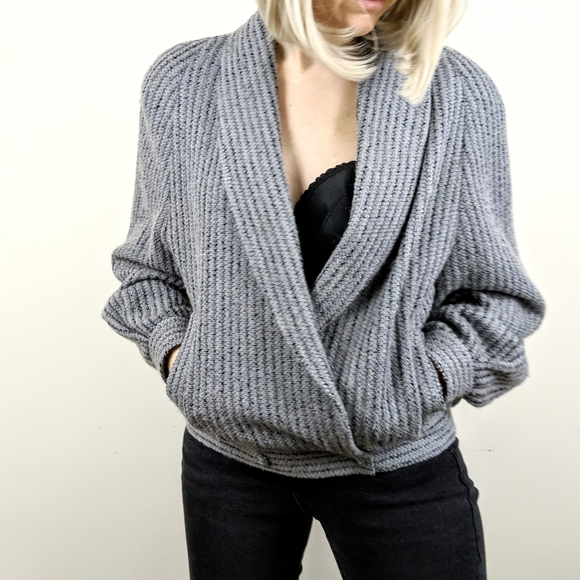 SOLD VTG 80s Gray Wool Knit Shawl Collar Jacket - Picture 3 of 10